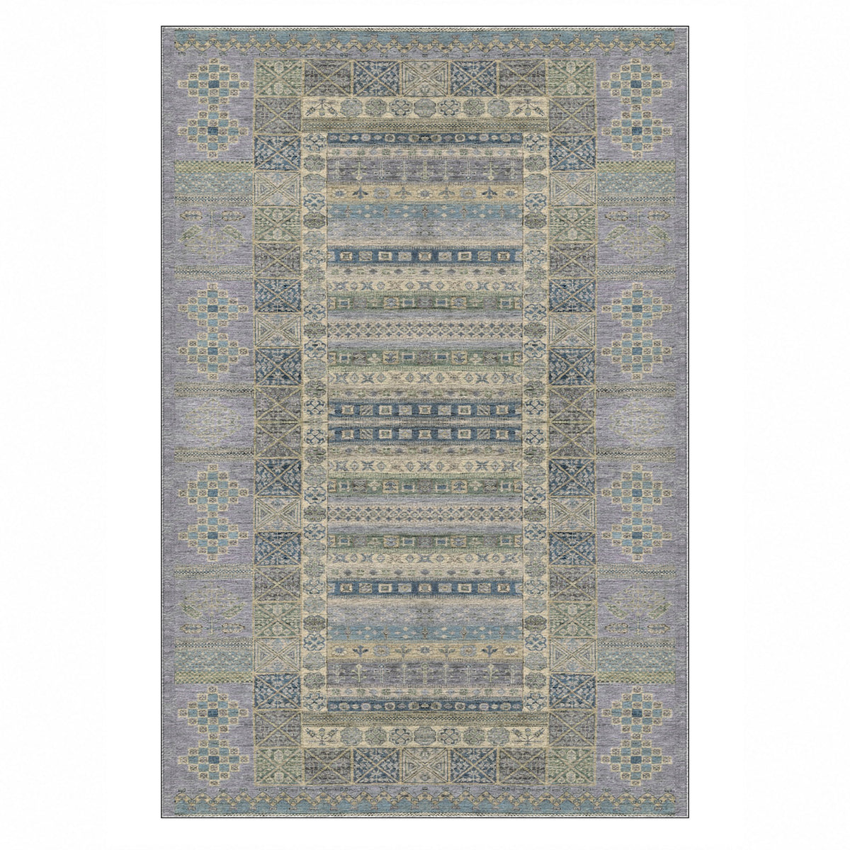 Tribal Stripe Silver Grey Ethnic Washable Rug — top view