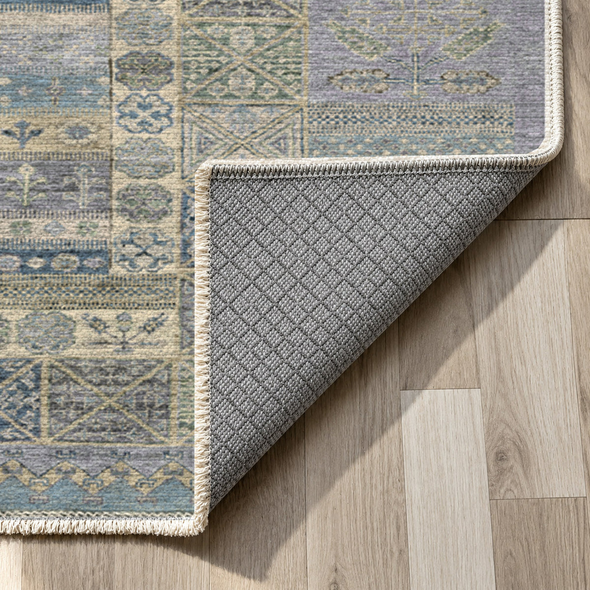 Tribal Stripe Silver Grey Ethnic Washable Rug — backing close up