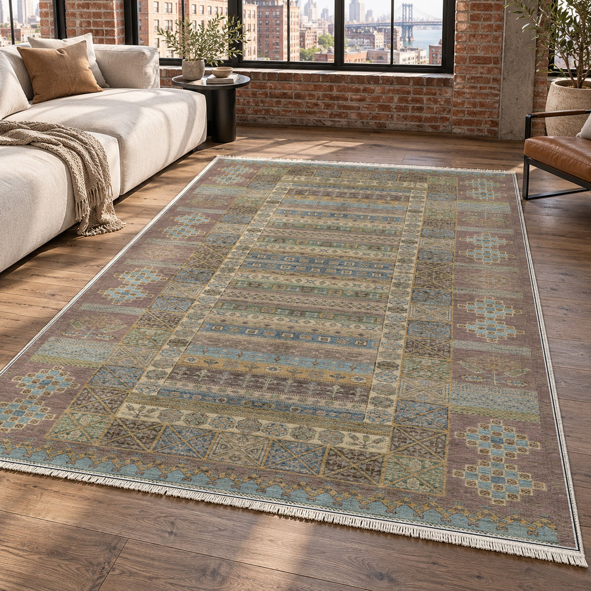 Tribal Stripe Taupe Ethnic Washable Rug — new york living