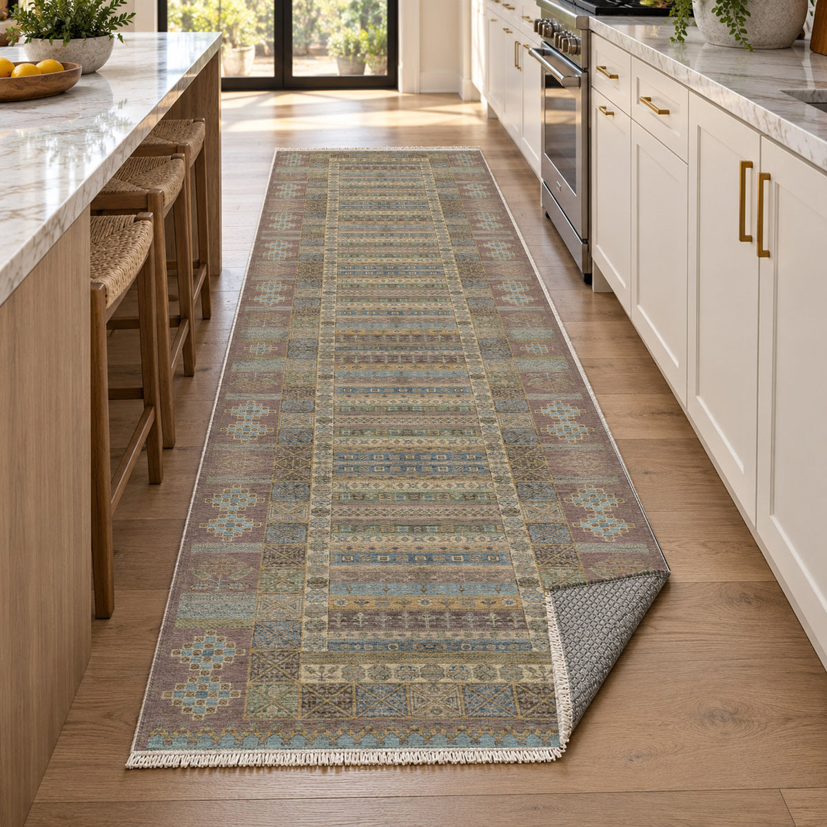 Tribal Stripe Taupe Ethnic Washable Rug — new york kitchen runner