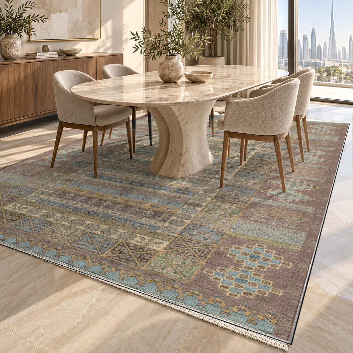 Tribal Stripe Taupe Ethnic Washable Rug — dubai dining