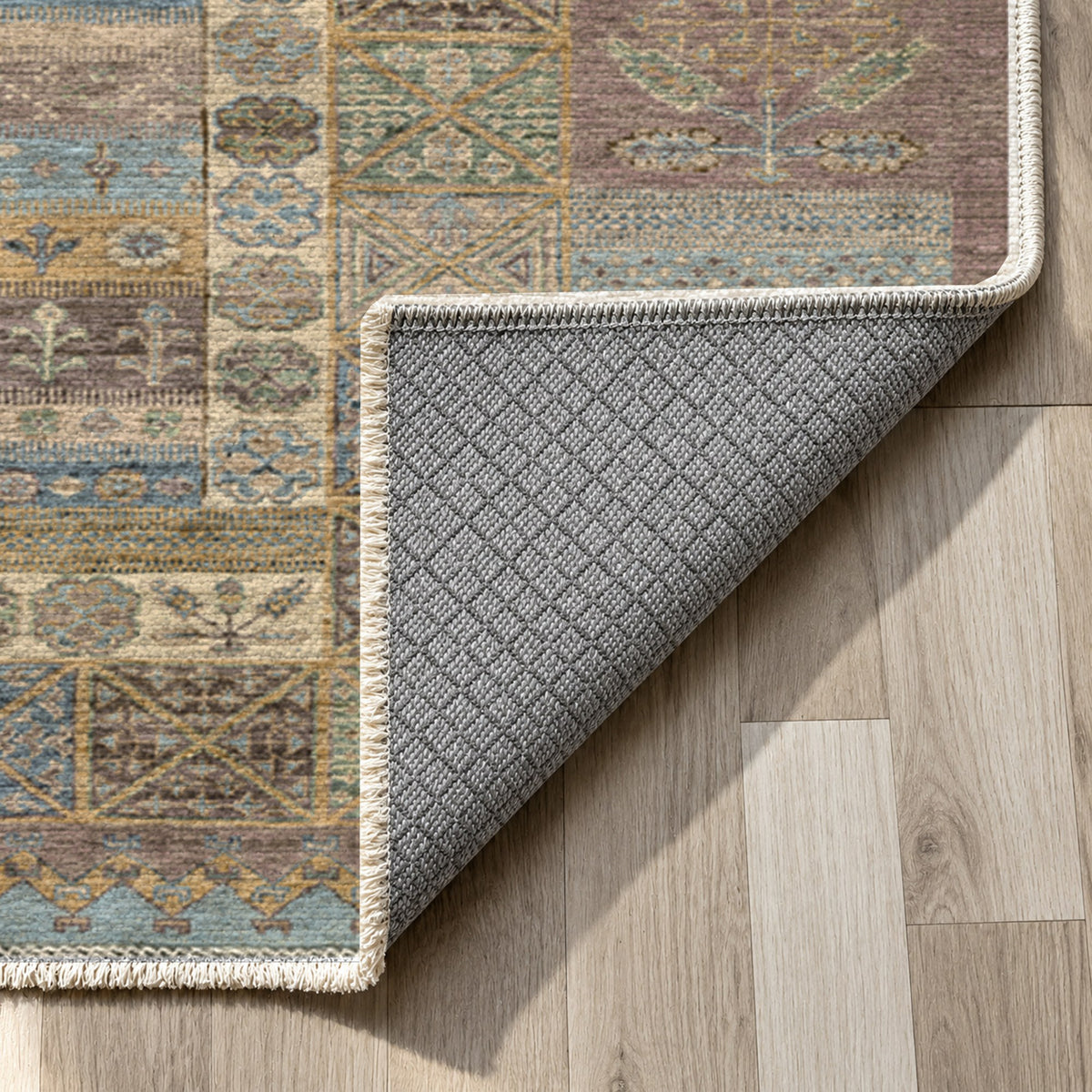 Tribal Stripe Taupe Ethnic Washable Rug — backing close up