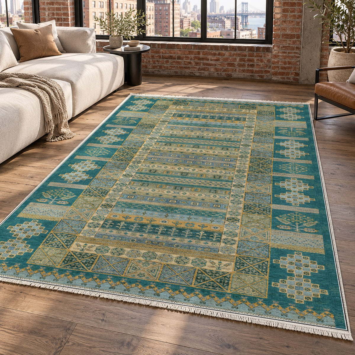 Tribal Stripe Teal Ethnic Washable Rug — new york living