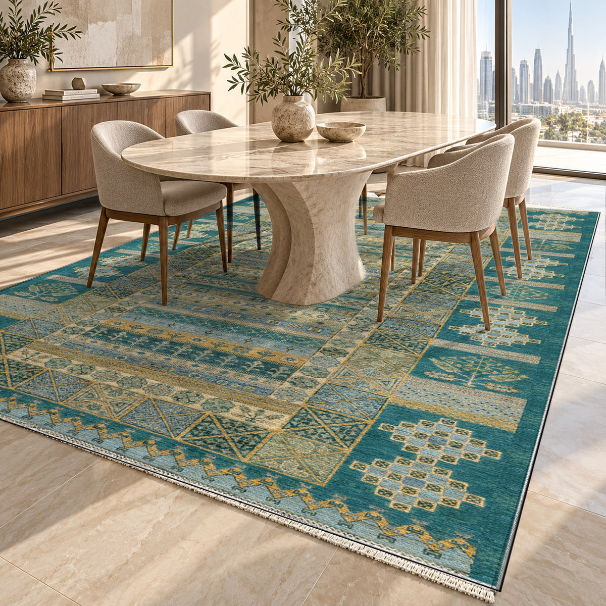 Tribal Stripe Teal Ethnic Washable Rug — dubai dining