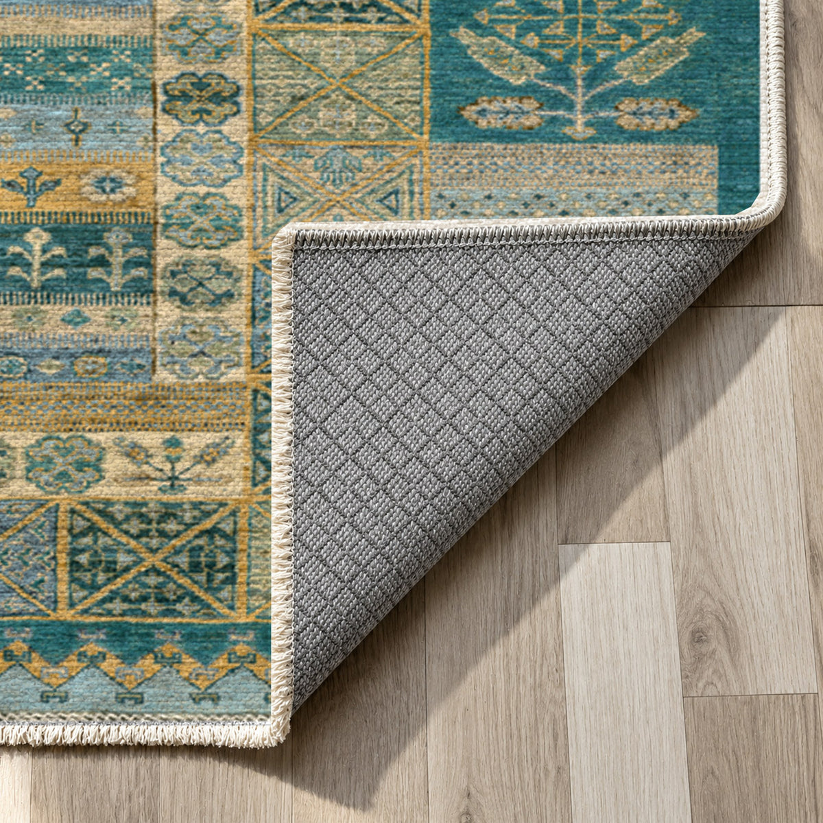 Tribal Stripe Teal Ethnic Washable Rug — backing close up