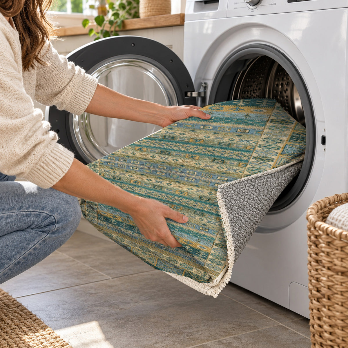 Tribal Stripe Teal Ethnic Washable Rug — washing machine