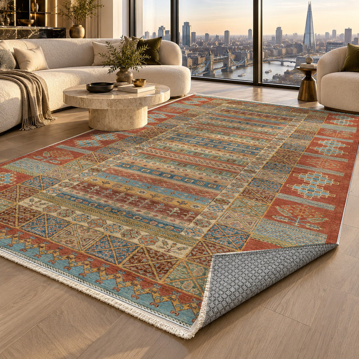 Tribal Stripe Terracotta Ethnic Washable Rug — london luxury living