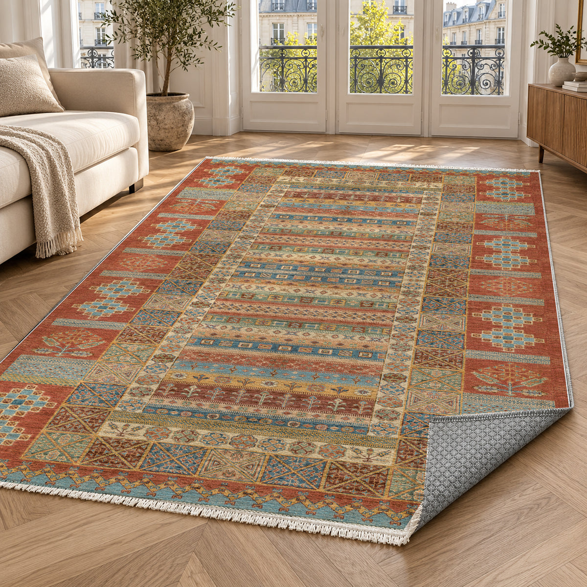 Tribal Stripe Terracotta Ethnic Washable Rug — paris living