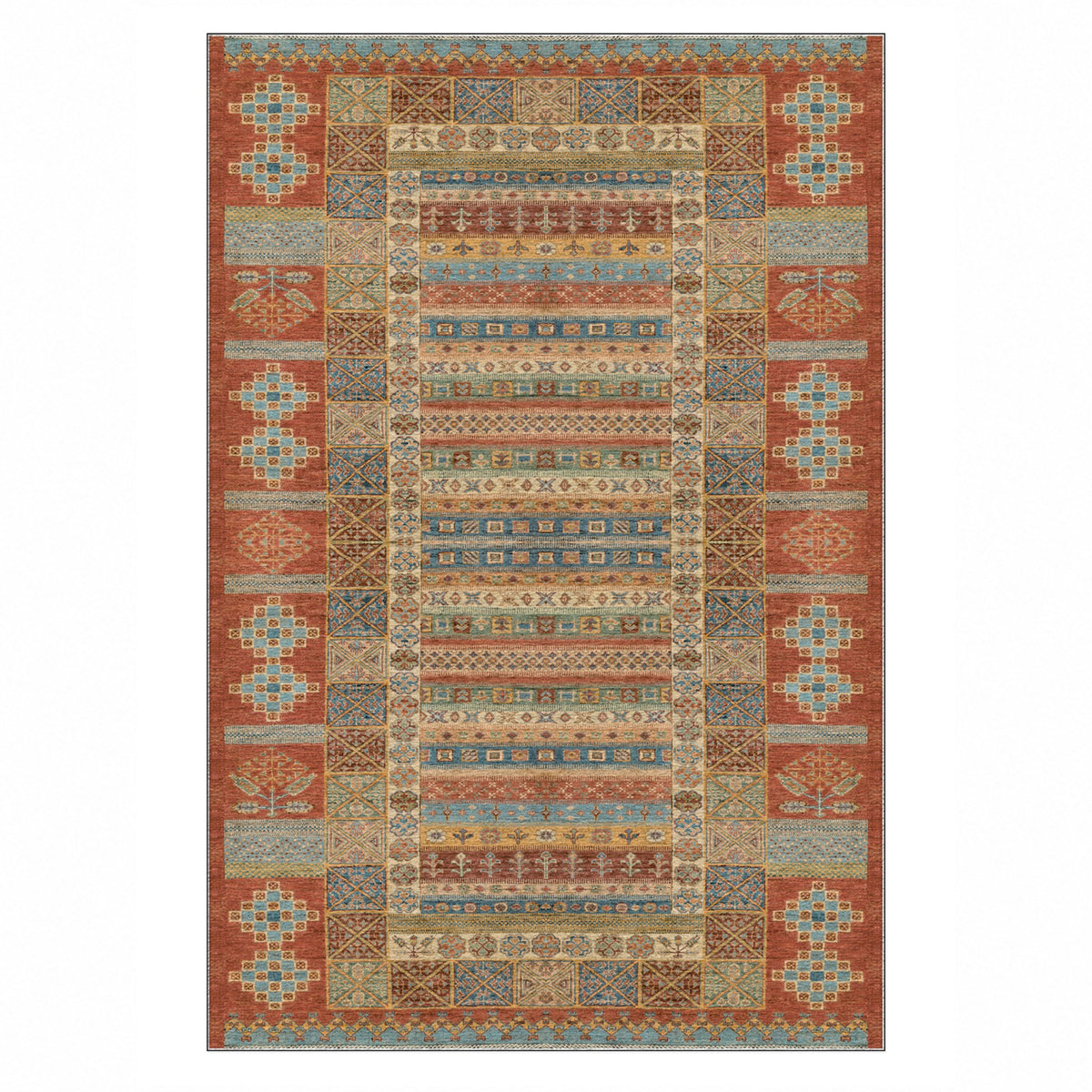 Tribal Stripe Terracotta Ethnic Washable Rug — top view