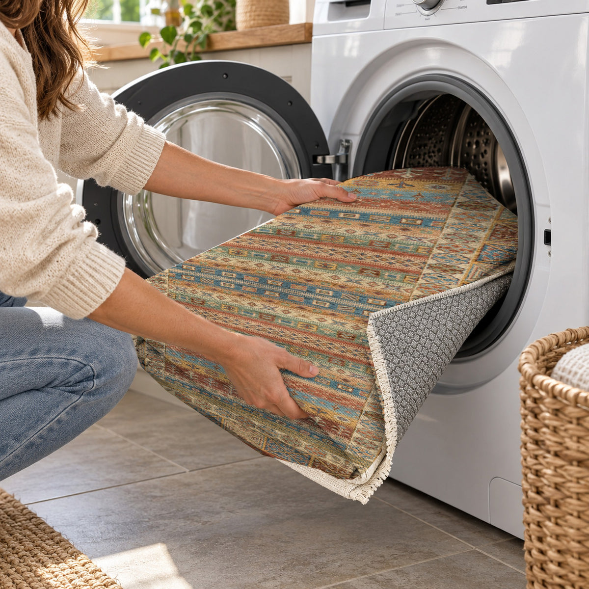 Tribal Stripe Terracotta Ethnic Washable Rug — washing machine