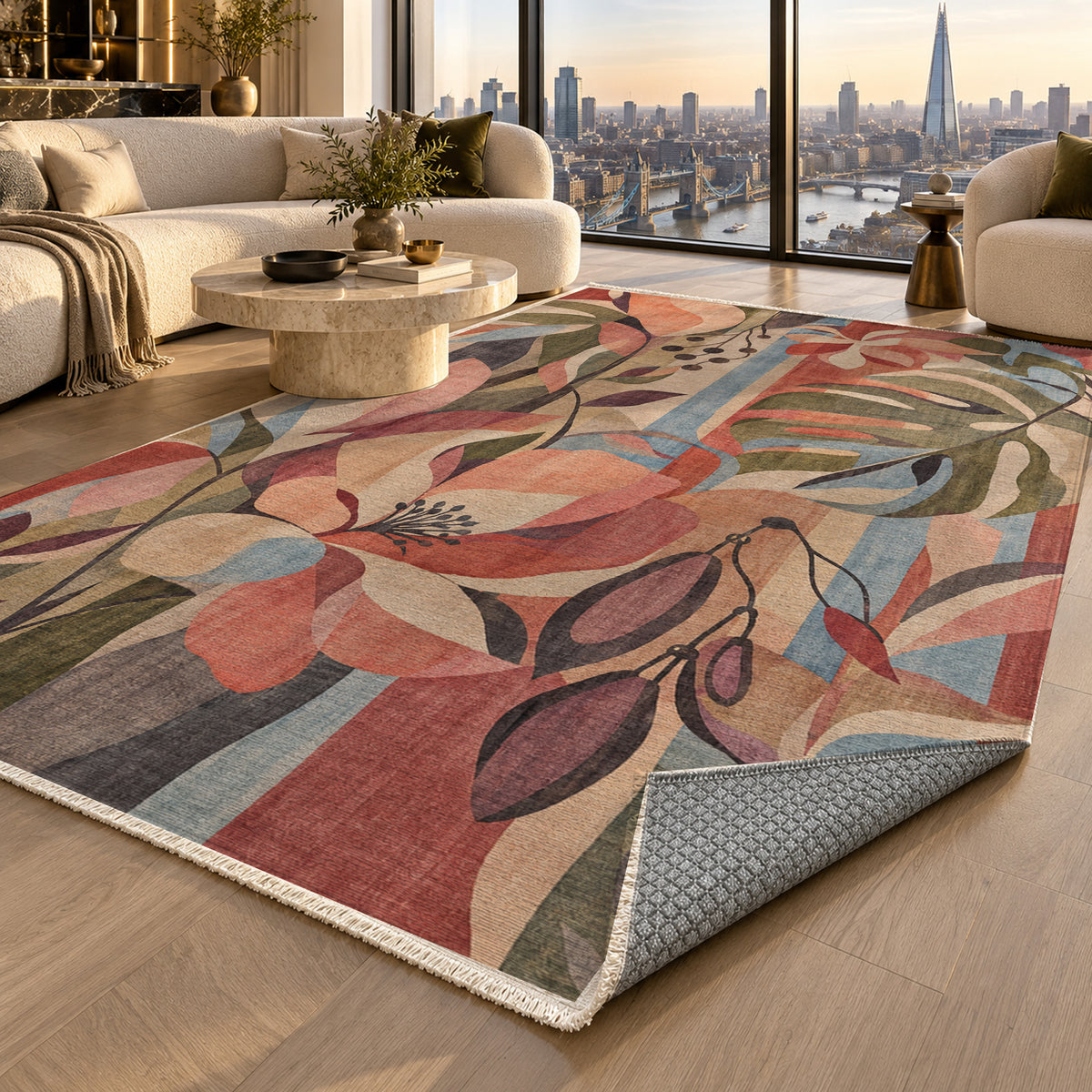 Tropic Blush Floral Washable Rug — london luxury living