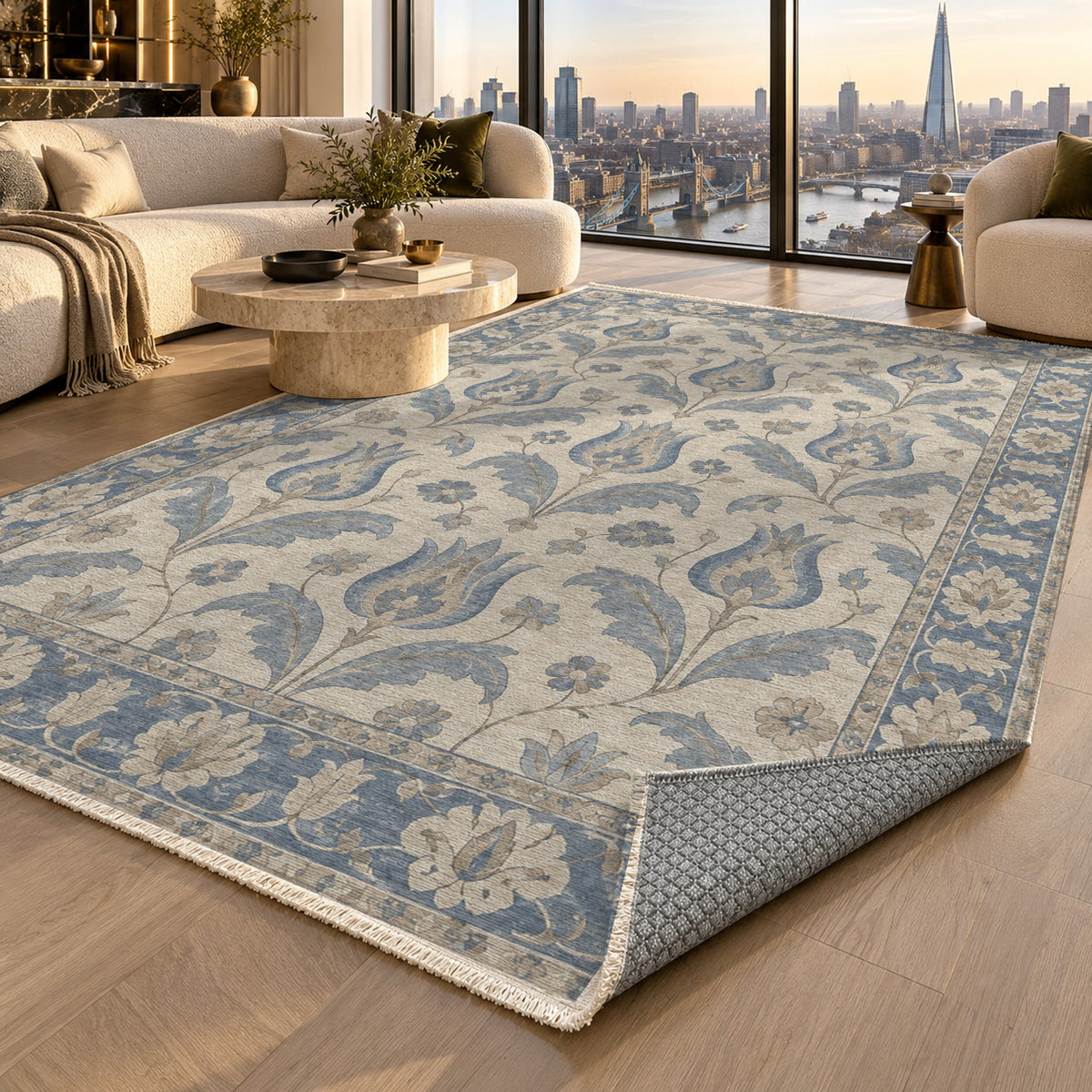 Tulip Meadow Blue Ivory Classic Washable Rug — london luxury living
