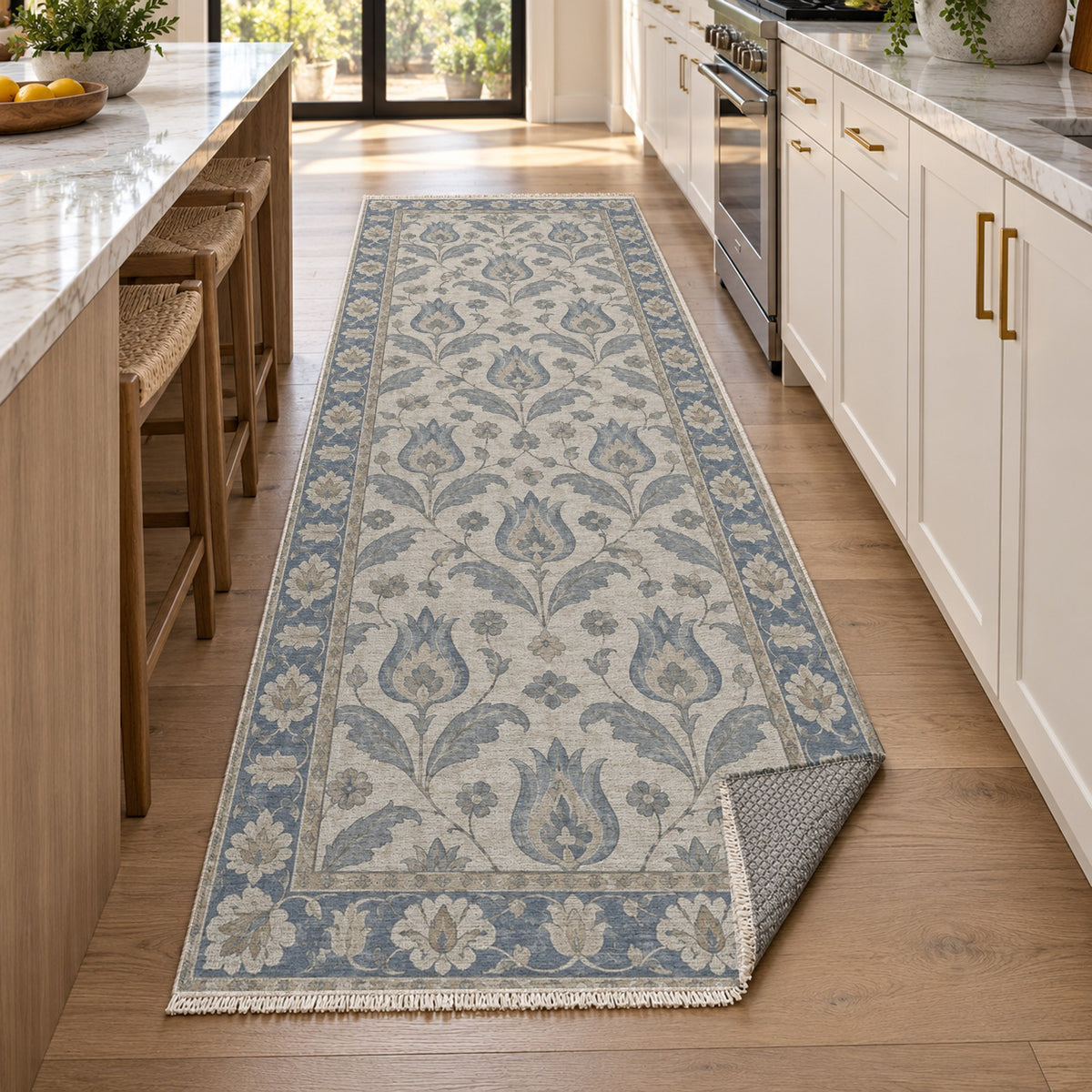 Tulip Meadow Blue Ivory Classic Washable Rug — new york kitchen runner