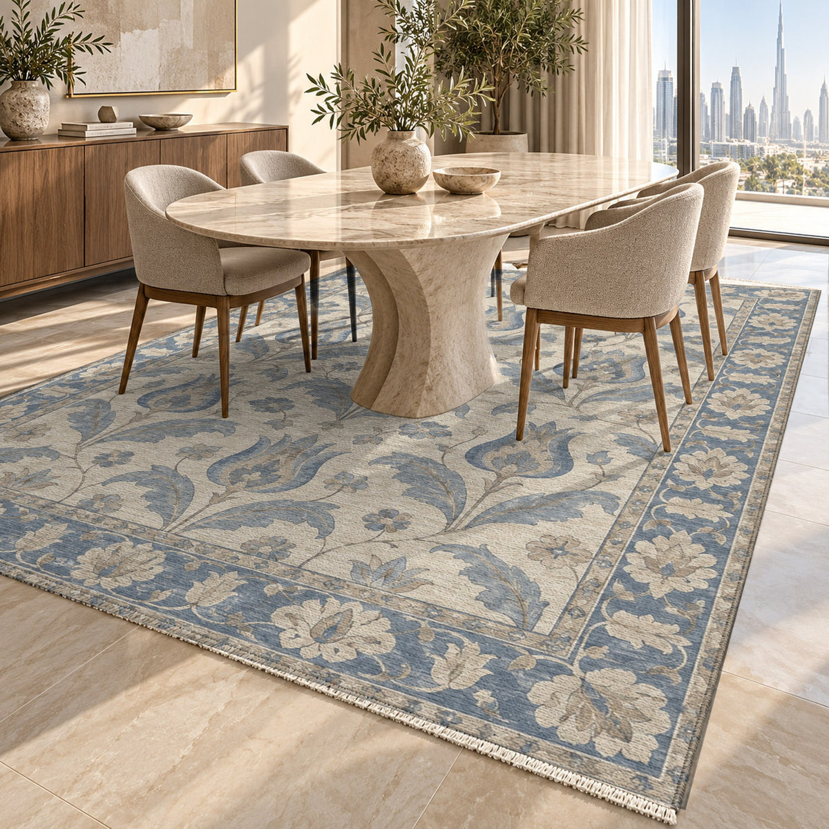 Tulip Meadow Blue Ivory Classic Washable Rug — dubai dining
