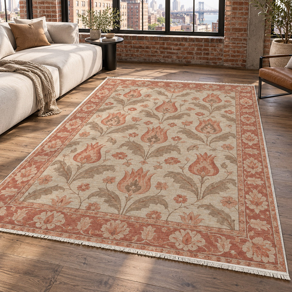 Tulip Meadow Coral Sand Classic Washable Rug — new york living