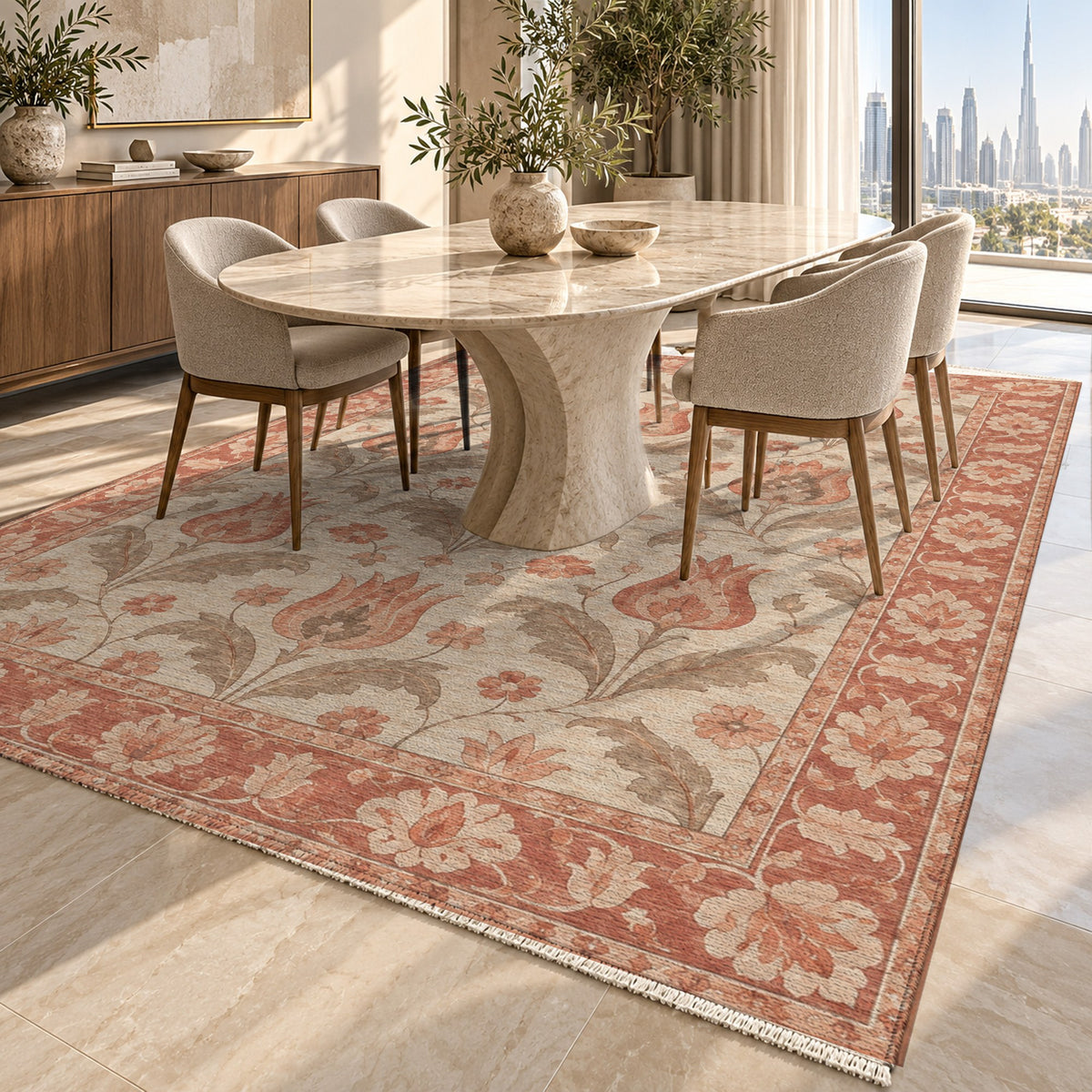 Tulip Meadow Coral Sand Classic Washable Rug — dubai dining