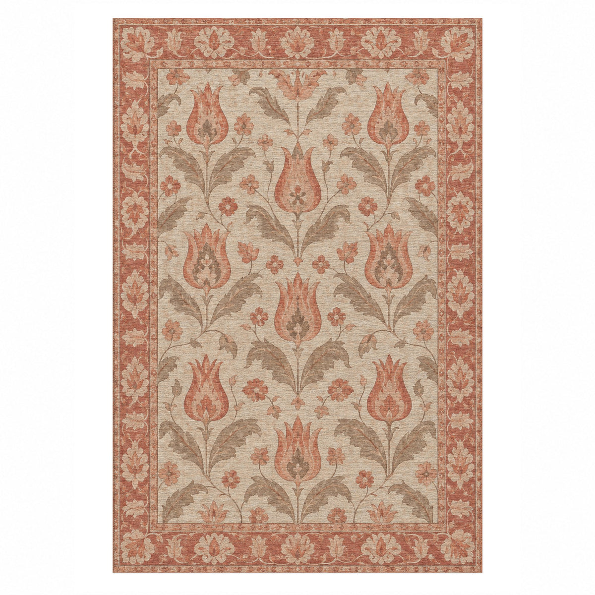 Tulip Meadow Coral Sand Classic Washable Rug — top view