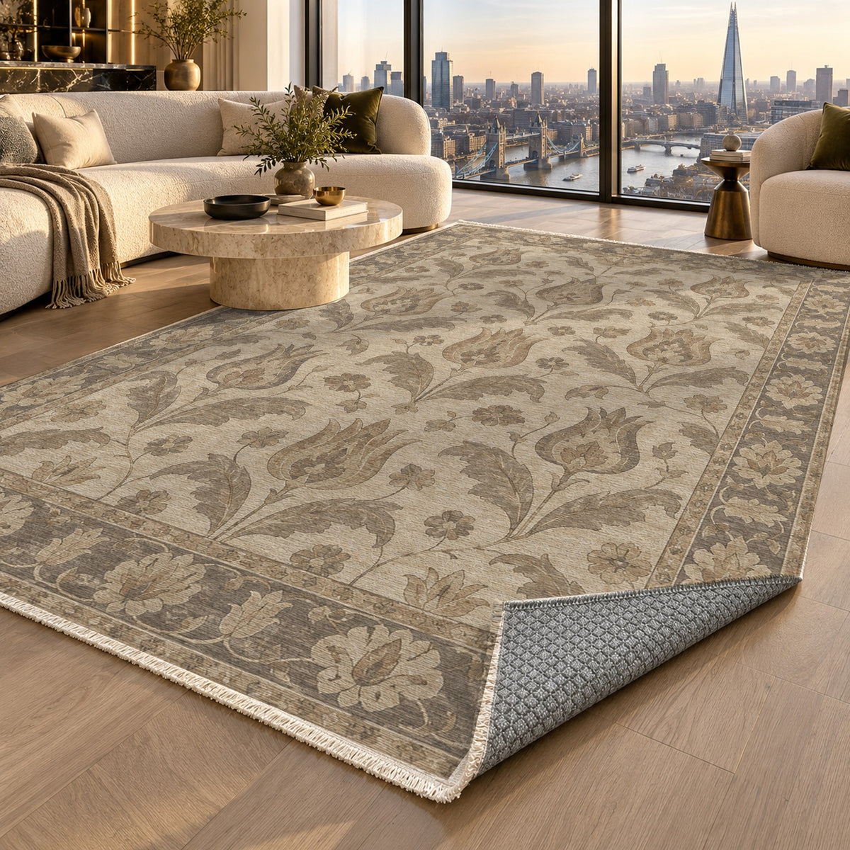 Tulip Meadow Ivory Taupe Classic Washable Rug — london luxury living