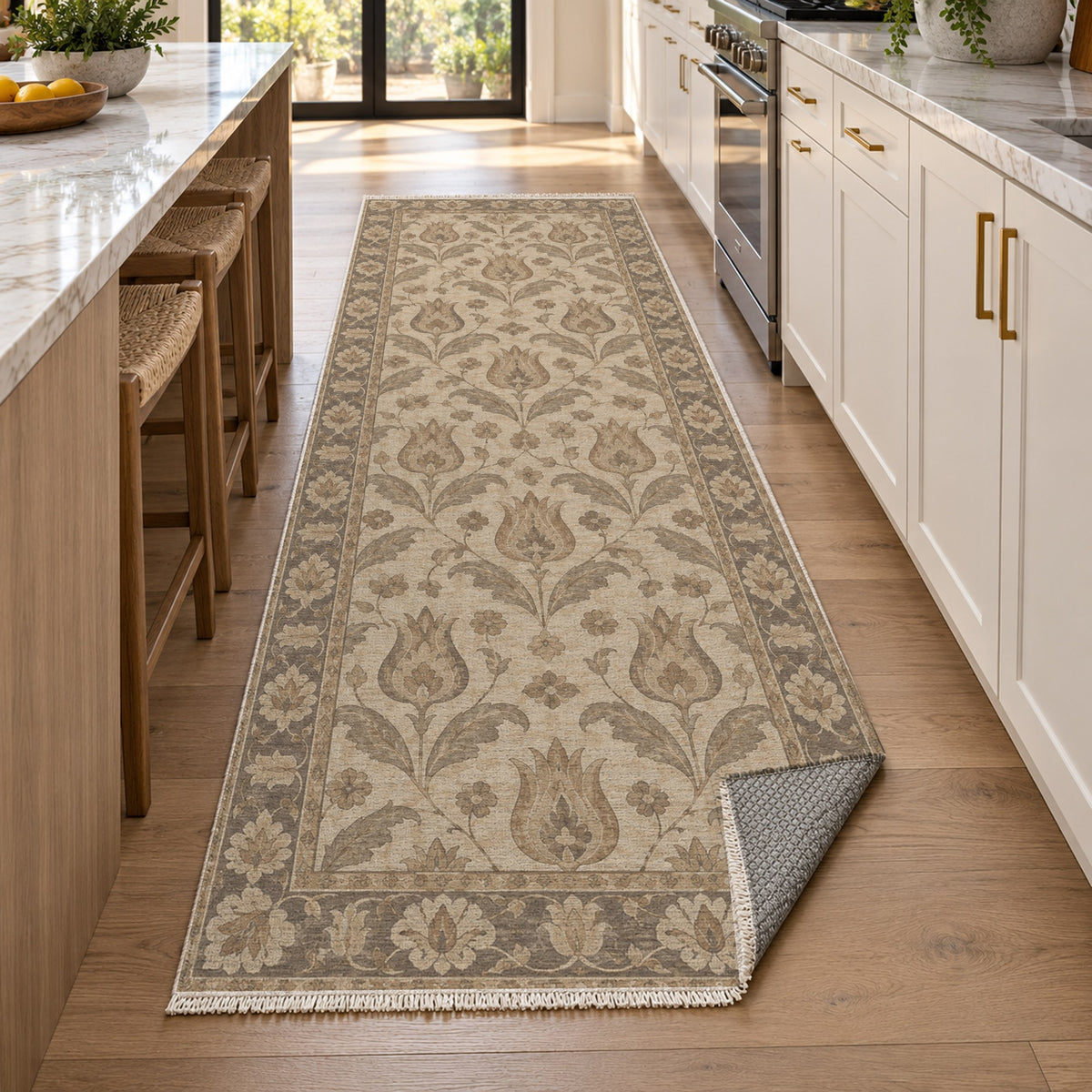 Tulip Meadow Ivory Taupe Classic Washable Rug — new york kitchen runner