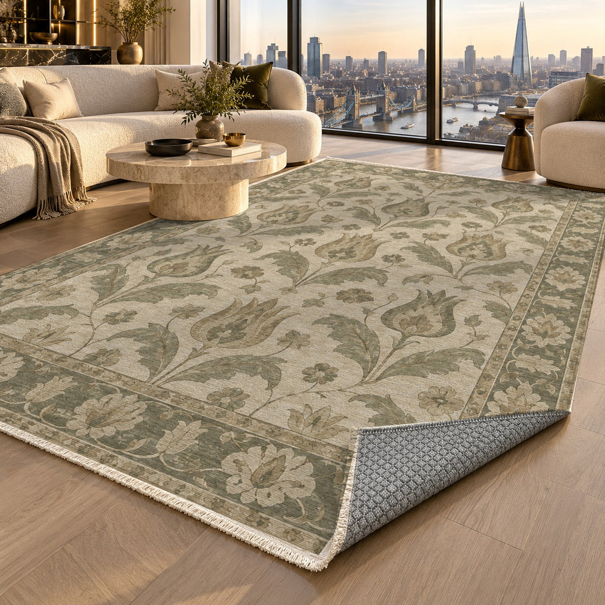 Tulip Meadow Sage Cream Classic Washable Rug — london luxury living