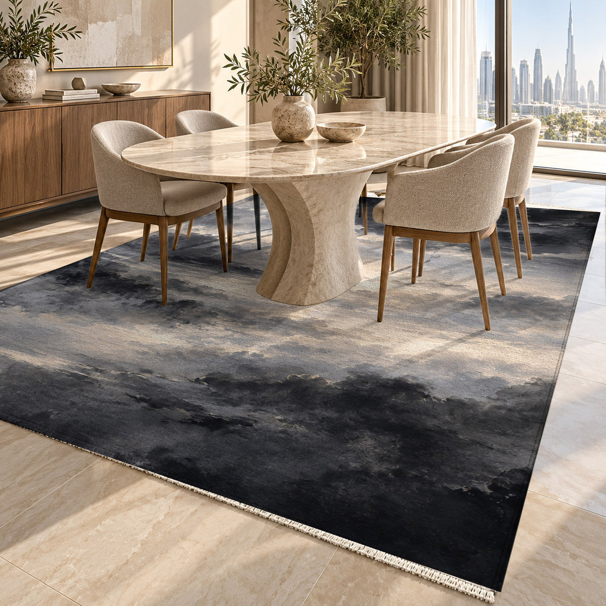 Twilight Veil Charcoal Abstract Washable Rug — dubai dining