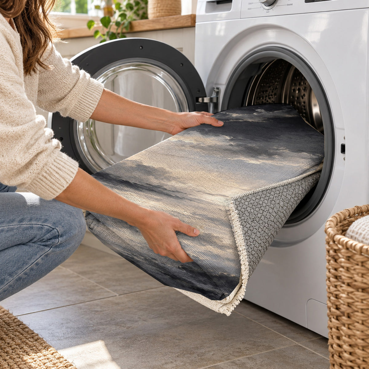 Twilight Veil Charcoal Abstract Washable Rug — washing machine