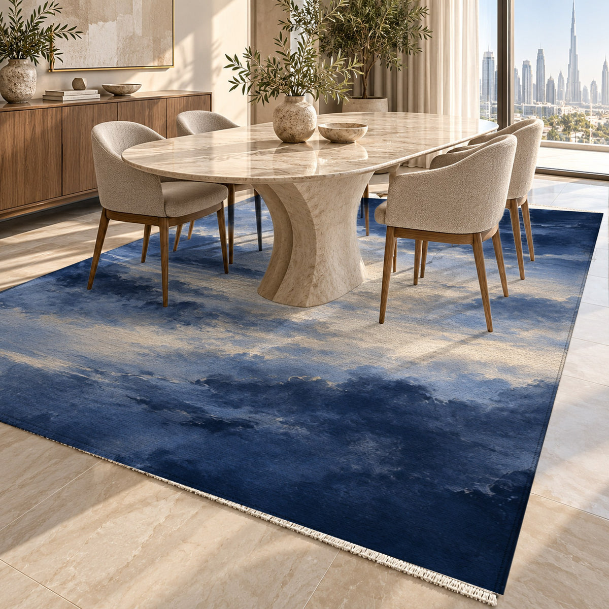 Twilight Veil Indigo Abstract Washable Rug — dubai dining