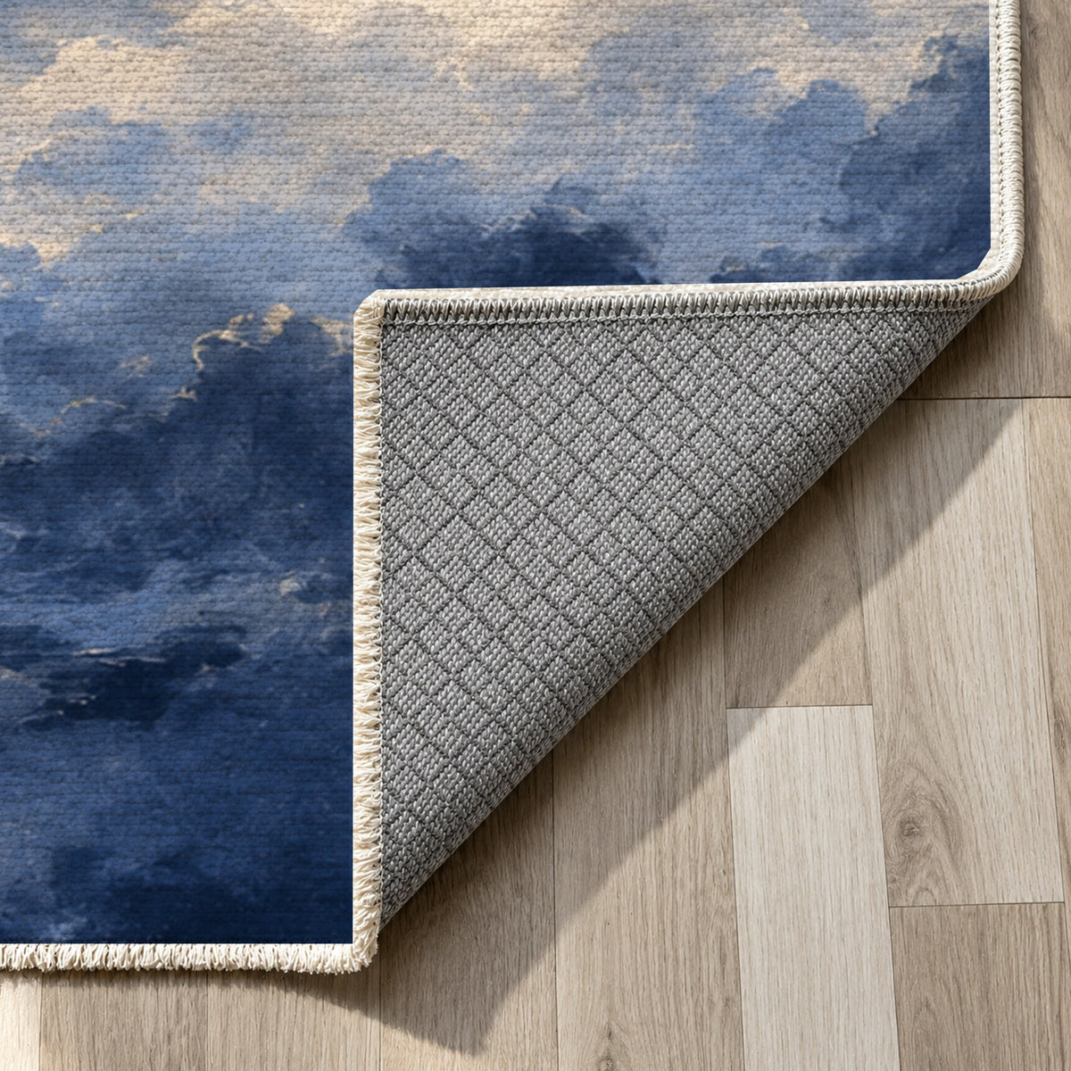 Twilight Veil Indigo Abstract Washable Rug — backing close up