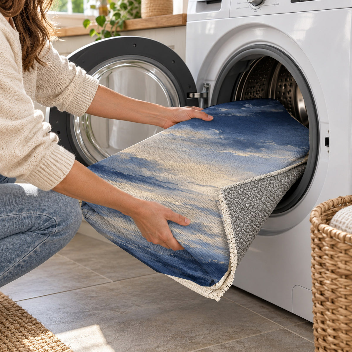 Twilight Veil Indigo Abstract Washable Rug — washing machine