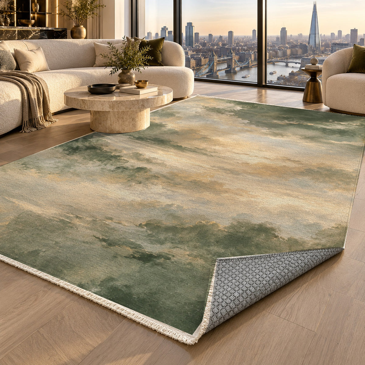 Twilight Veil Sage Abstract Washable Rug — london luxury living