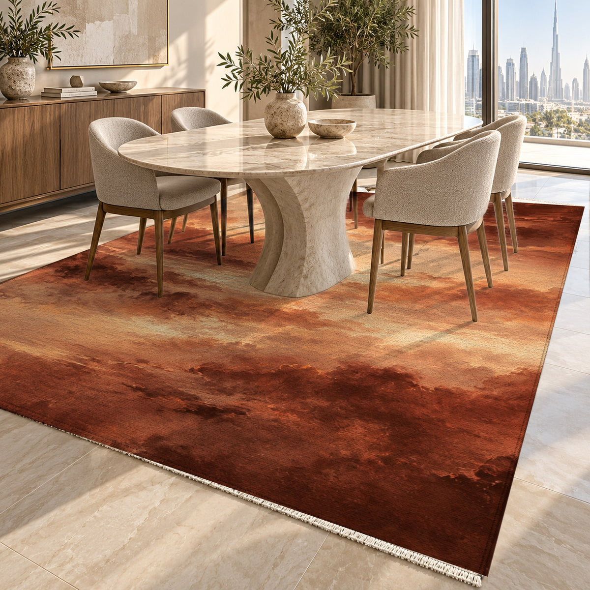 Twilight Veil Terracotta Abstract Washable Rug — dubai dining