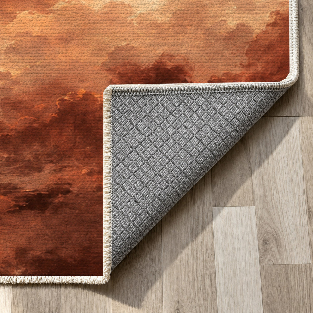 Twilight Veil Terracotta Abstract Washable Rug — backing close up
