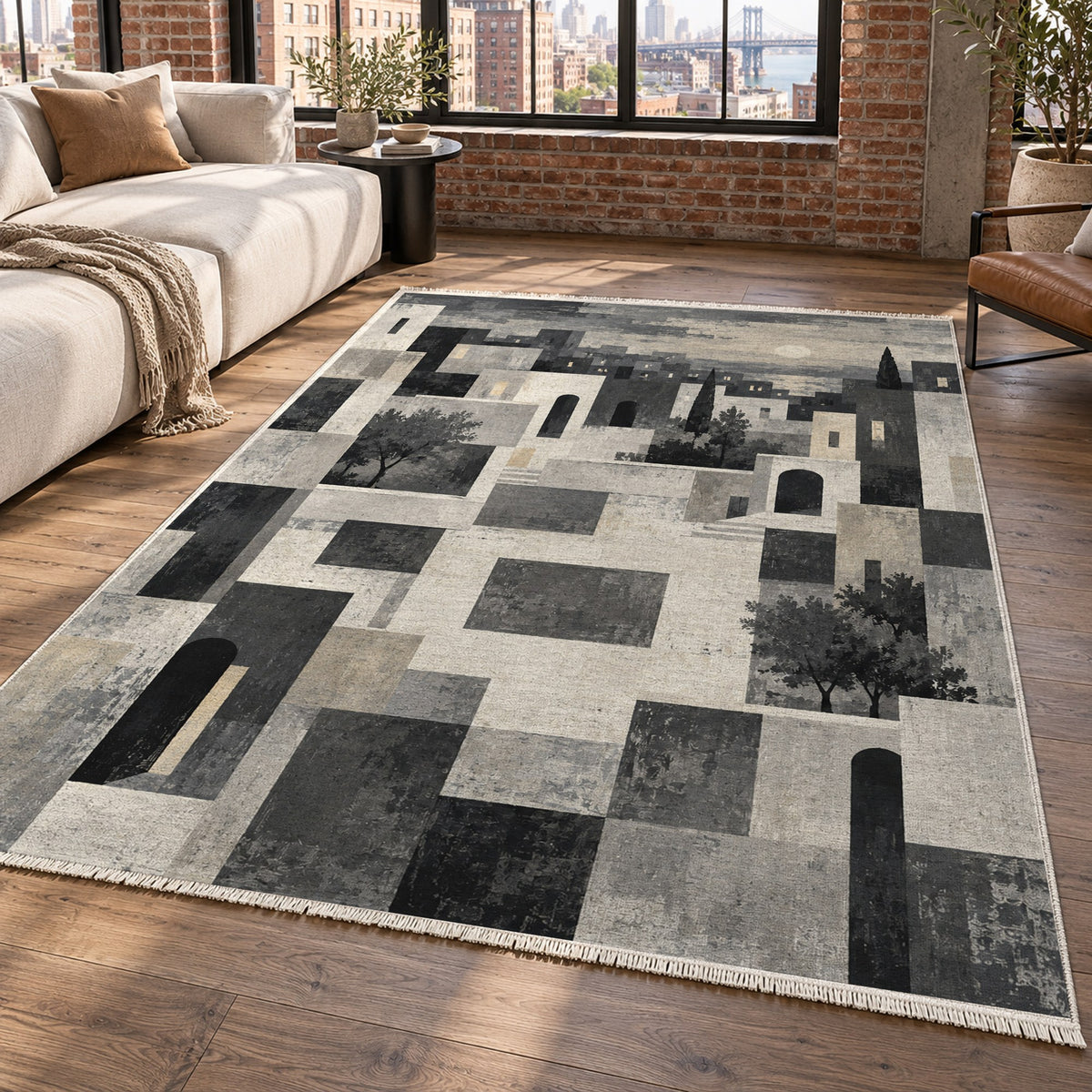 Urban Courtyard Charcoal Modern Washable Rug — new york living