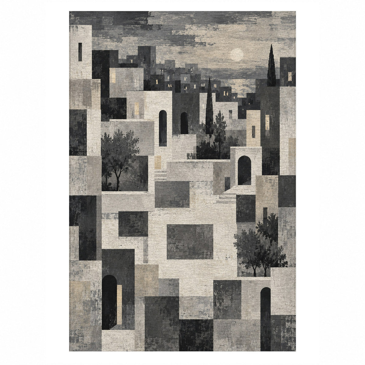 Urban Courtyard Charcoal Modern Washable Rug — top view