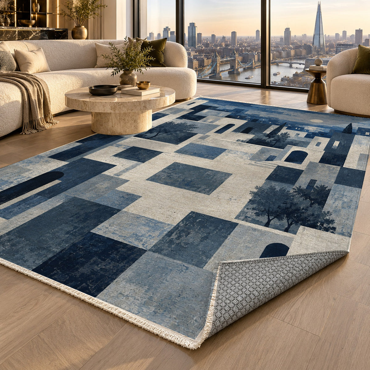 Urban Courtyard Indigo Modern Washable Rug — london luxury living