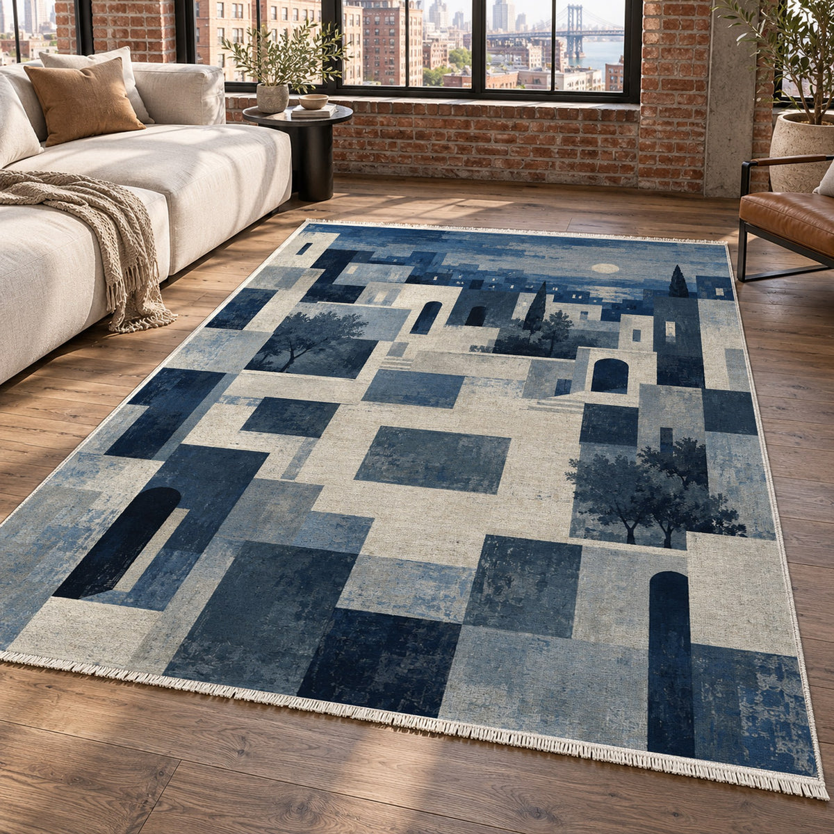 Urban Courtyard Indigo Modern Washable Rug — new york living