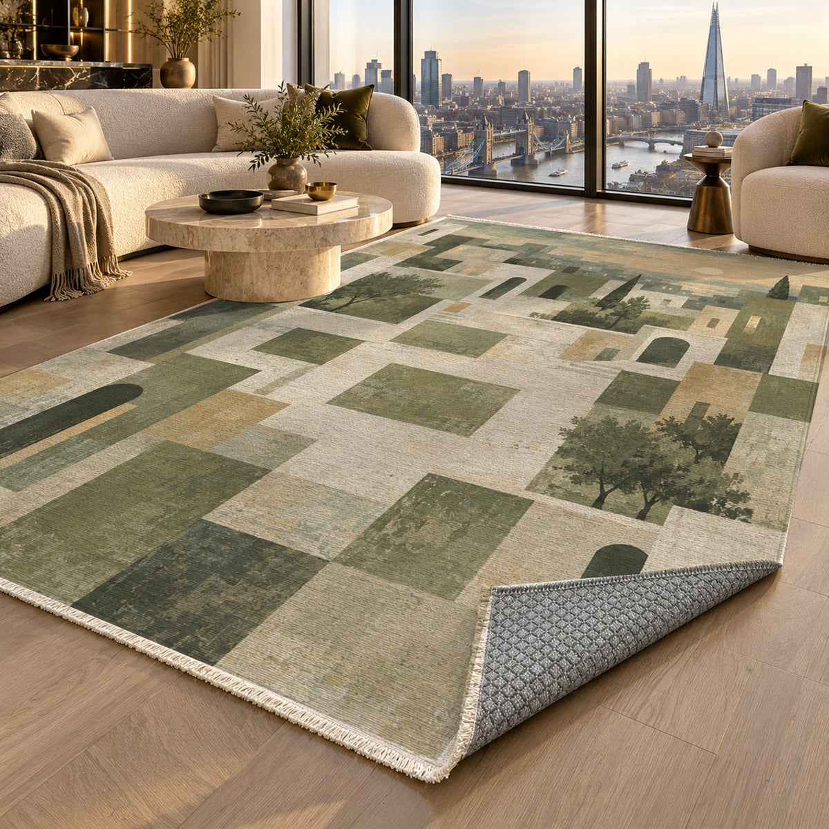 Urban Courtyard Sage Modern Washable Rug — london luxury living