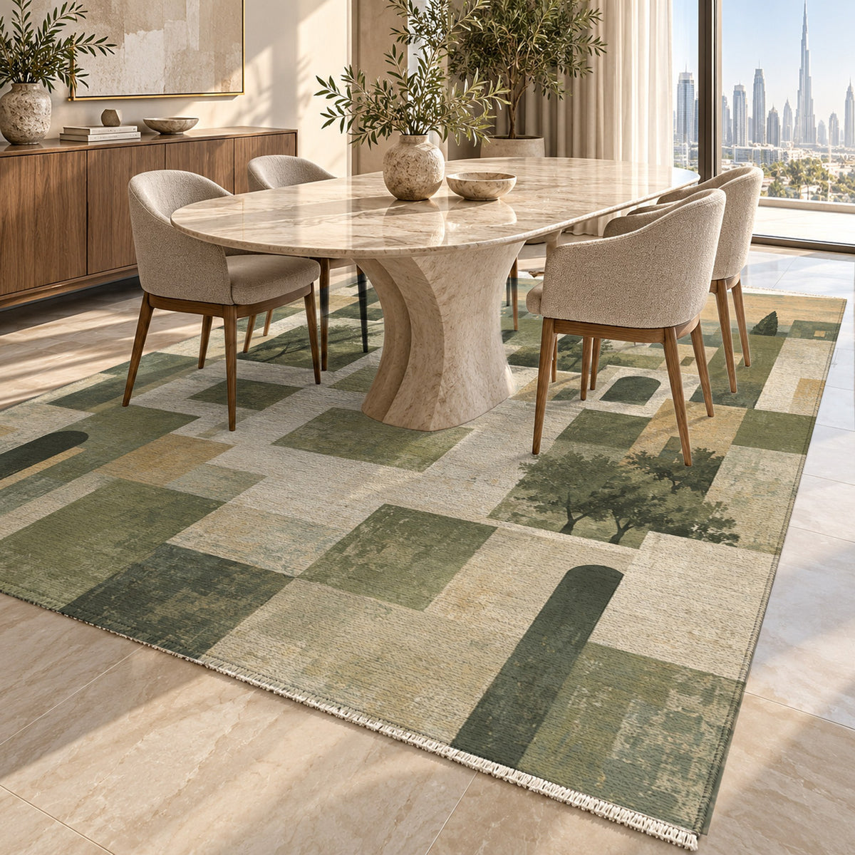 Urban Courtyard Sage Modern Washable Rug — dubai dining