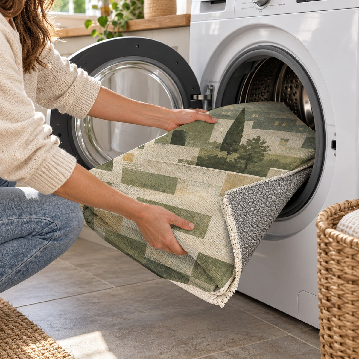 Urban Courtyard Sage Modern Washable Rug — washing machine