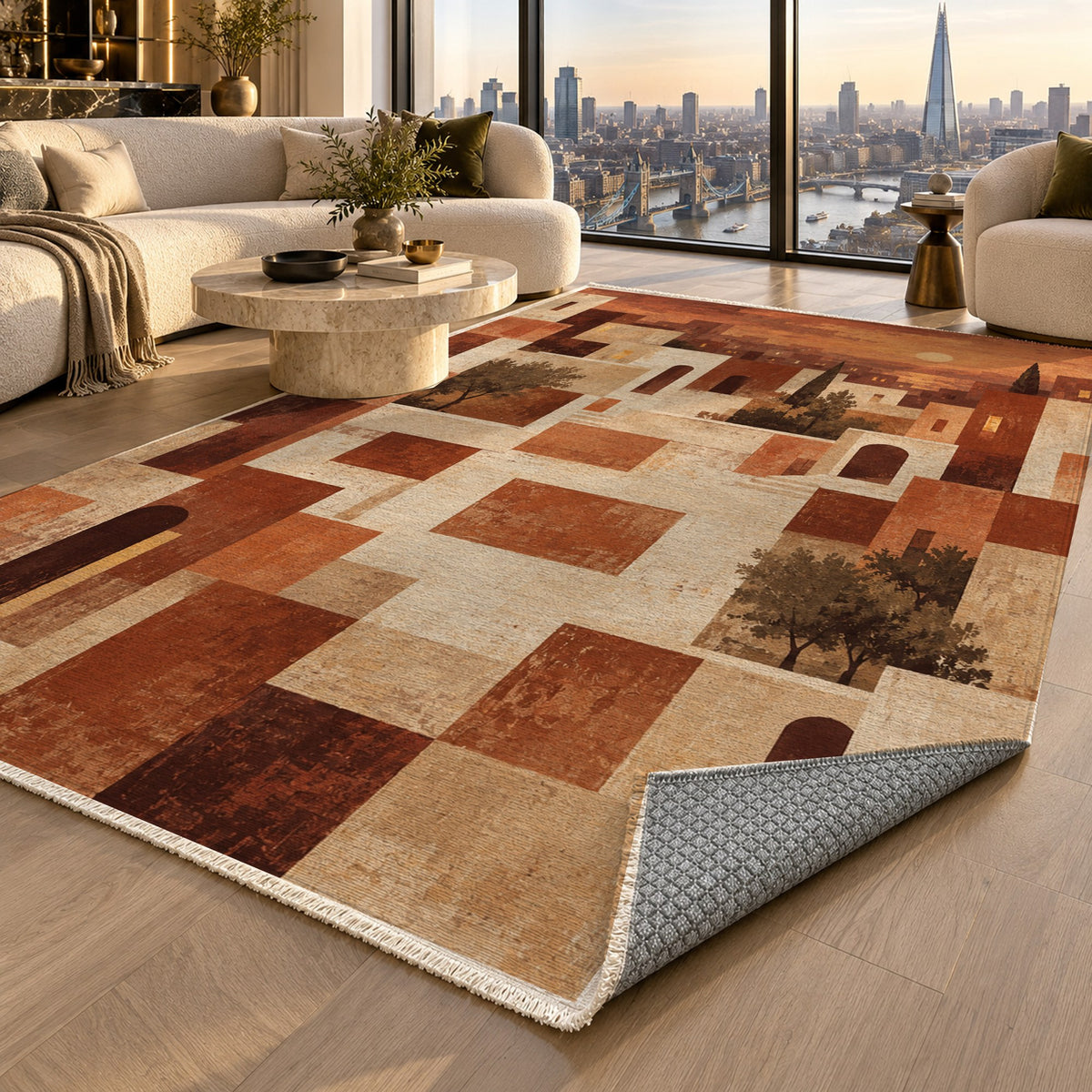Urban Courtyard Terracotta Modern Washable Rug — london luxury living