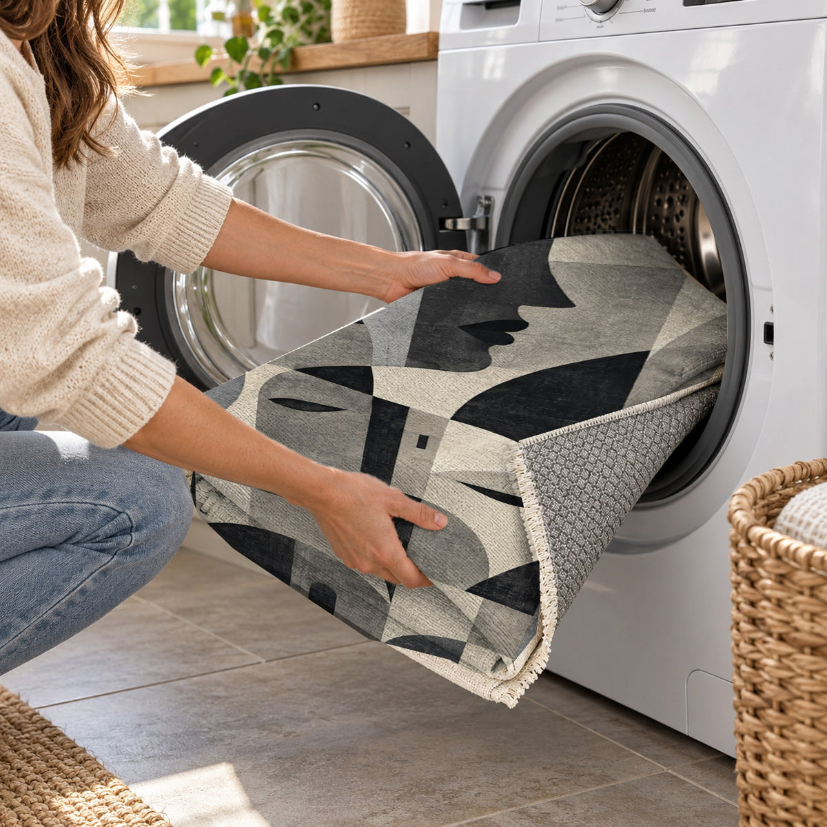 Urban Faces Charcoal Abstract Washable Rug — washing machine