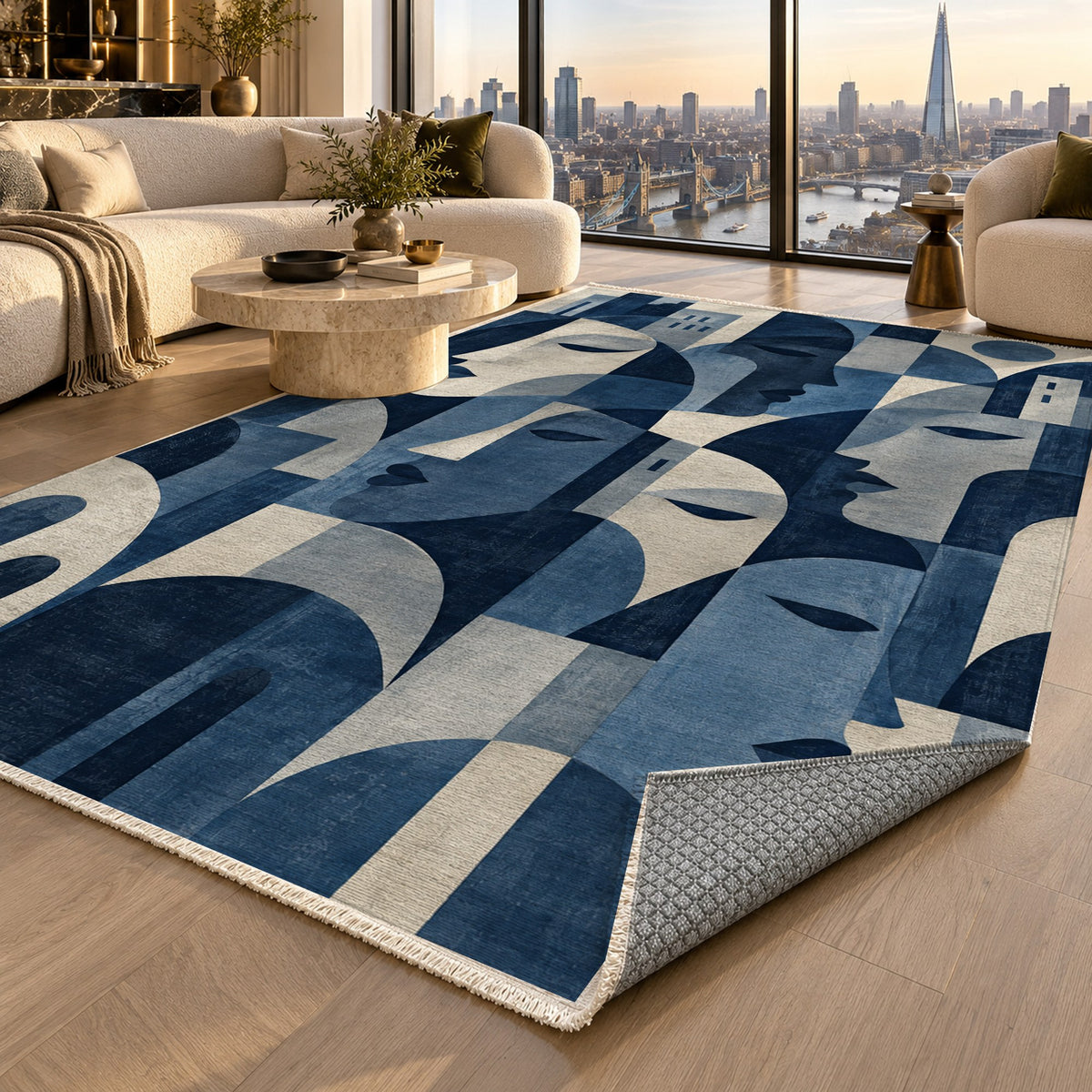 Urban Faces Indigo Abstract Washable Rug — london luxury living