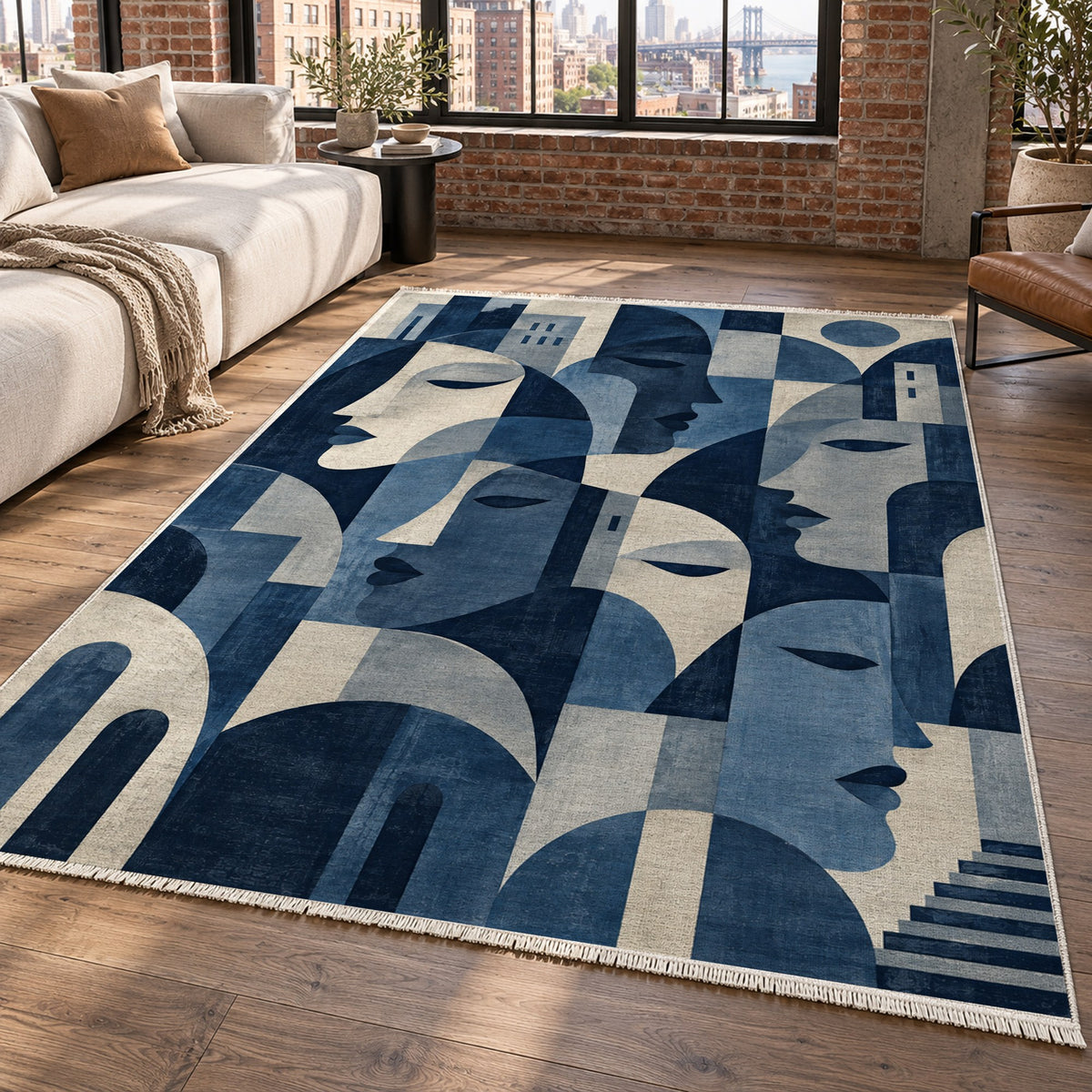 Urban Faces Indigo Abstract Washable Rug — new york living