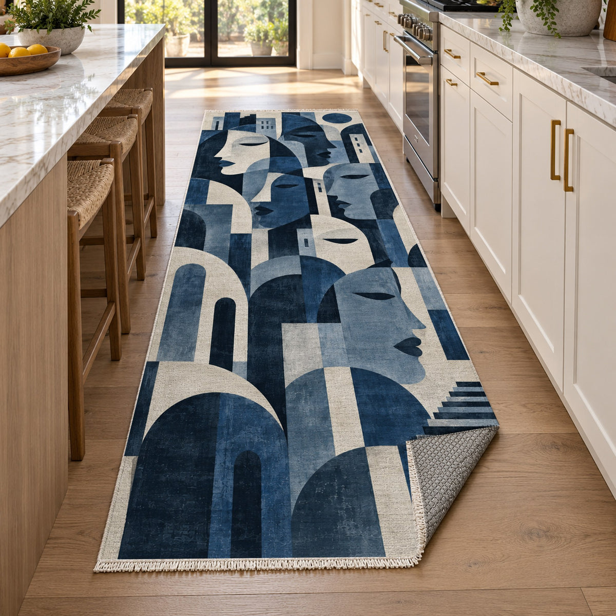 Urban Faces Indigo Abstract Washable Rug — new york kitchen runner