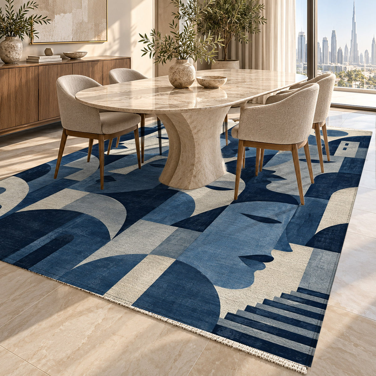 Urban Faces Indigo Abstract Washable Rug — dubai dining