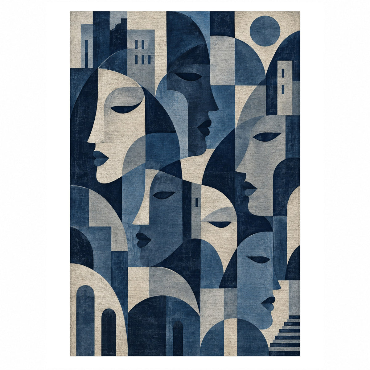 Urban Faces Indigo Abstract Washable Rug — top view
