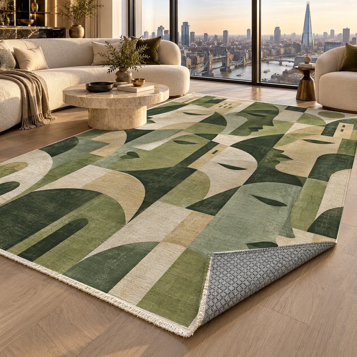 Urban Faces Sage Abstract Washable Rug — london luxury living