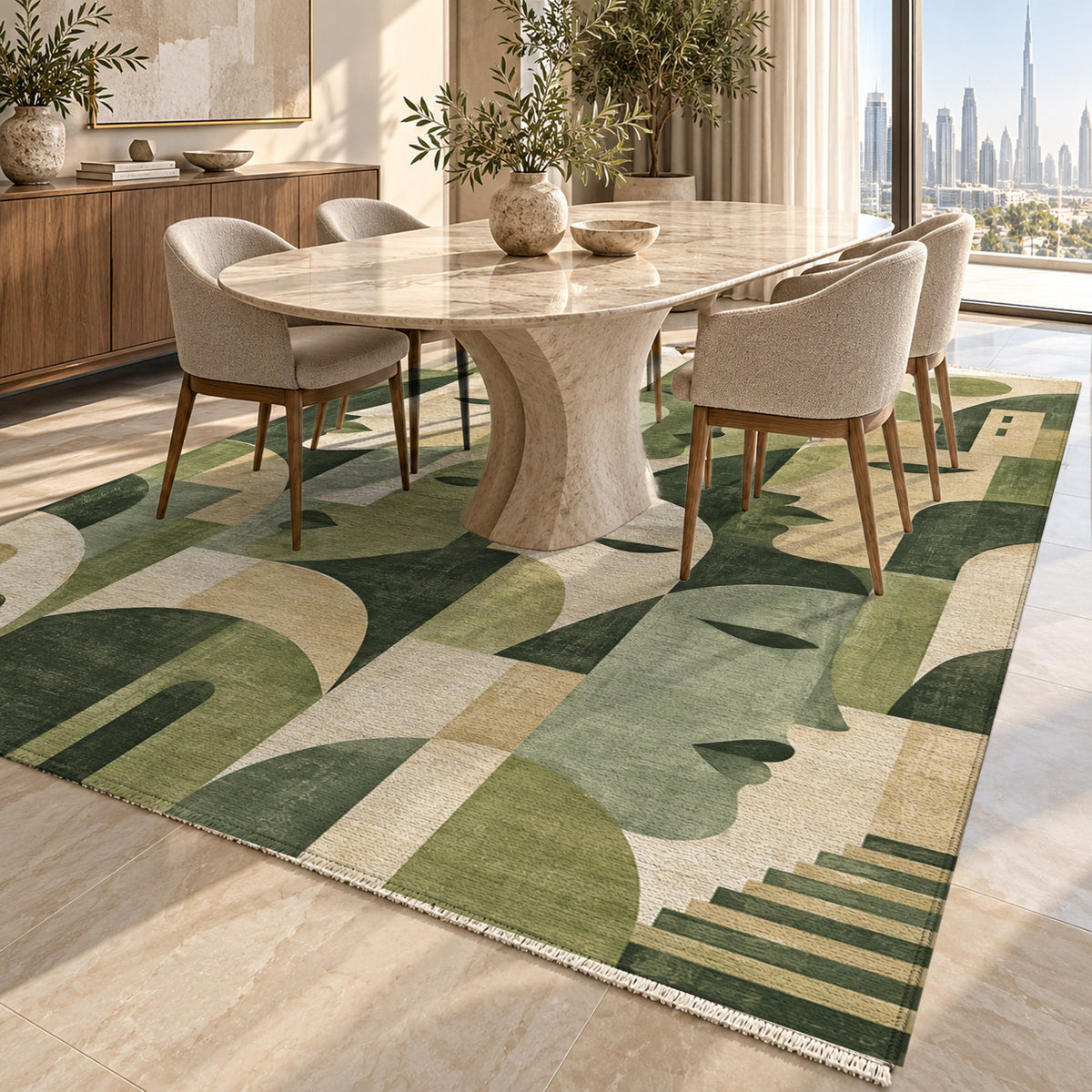 Urban Faces Sage Abstract Washable Rug — dubai dining