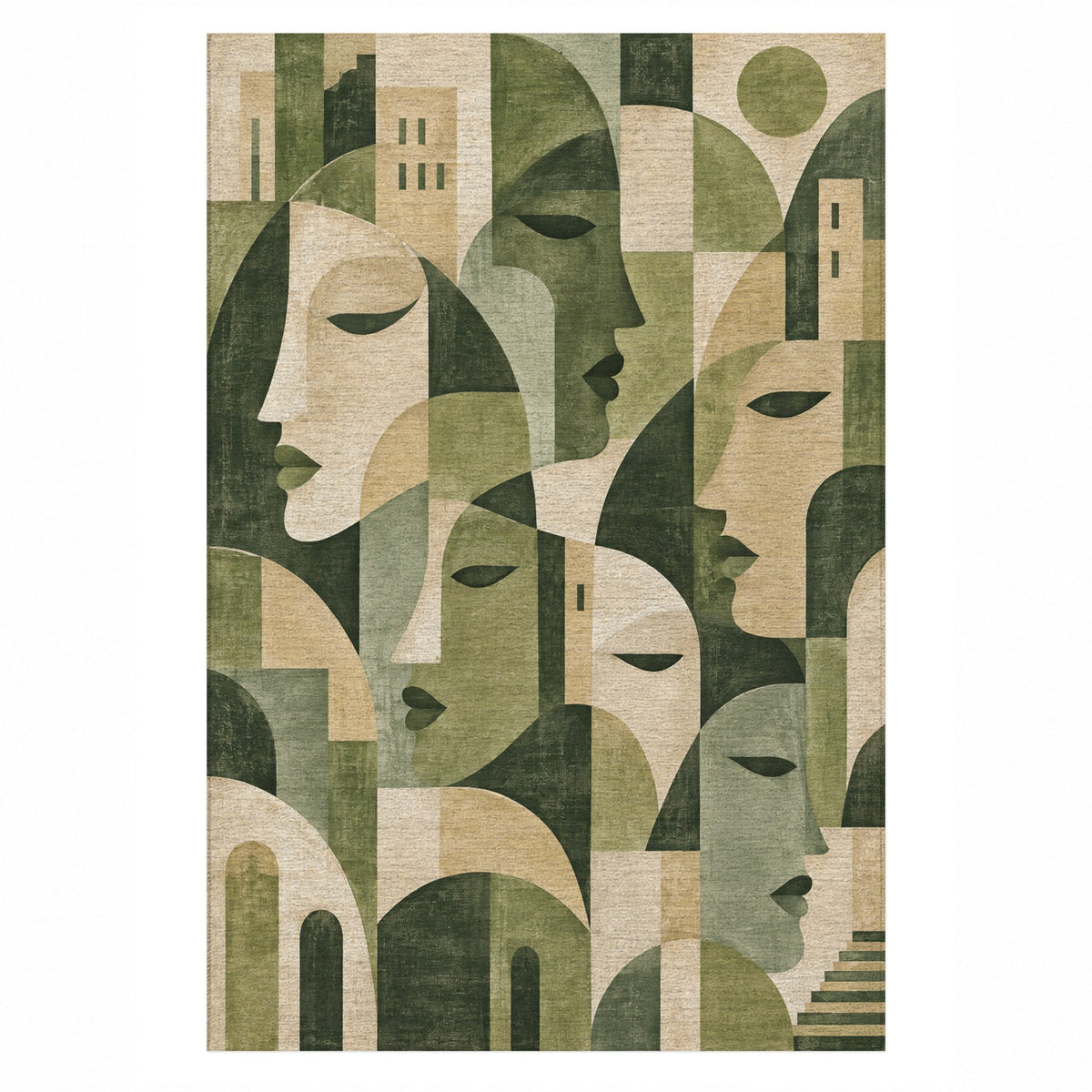 Urban Faces Sage Abstract Washable Rug — top view