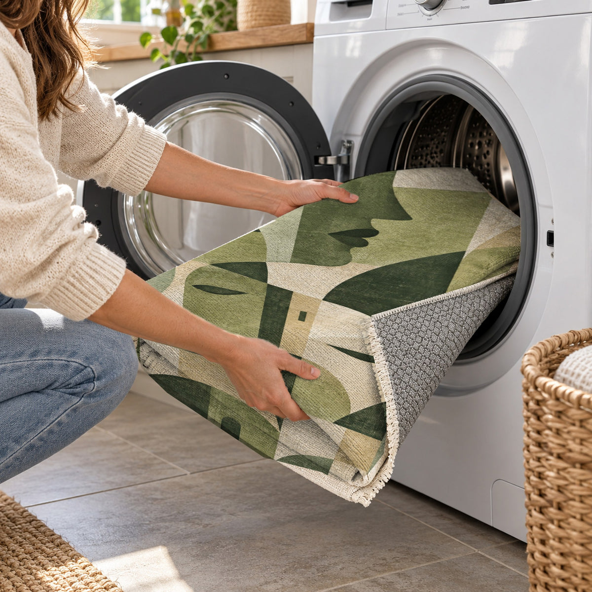 Urban Faces Sage Abstract Washable Rug — washing machine